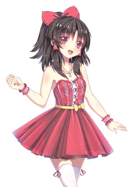 Anime picture 2480x3507 with touhou hakurei reimu north abyssor single long hair tall image looking at viewer blush highres open mouth black hair simple background red eyes bare shoulders ponytail alternate costume zettai ryouiki girl thighhighs dress