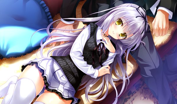 Anime picture 1700x1000 with shoujo shin'iki takagi sana youta long hair looking at viewer blush smile wide image yellow eyes game cg silver hair girl thighhighs dress white thighhighs couch