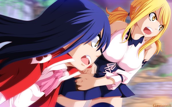 Anime picture 3860x2400 with fairy tail lucy heartfilia wendy marvell tongasart long hair highres open mouth blonde hair wide image twintails multiple girls yellow eyes blue hair absurdres profile pleated skirt tattoo coloring angry screaming