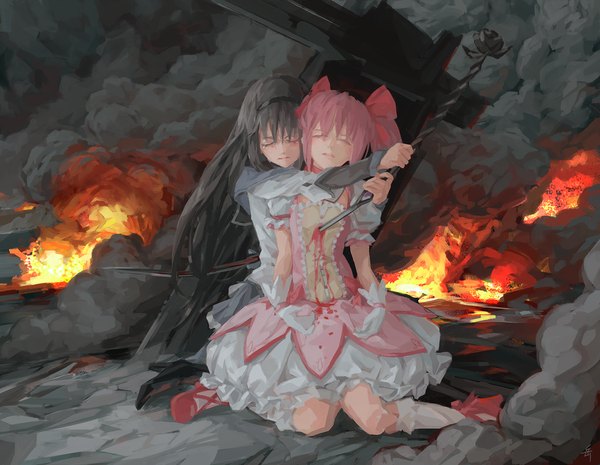 Anime picture 1440x1118 with mahou shoujo madoka magica shaft (studio) akemi homura kaname madoka archlich long hair black hair sitting twintails multiple girls signed pink hair eyes closed high heels hug wariza smoke crying magical girl death