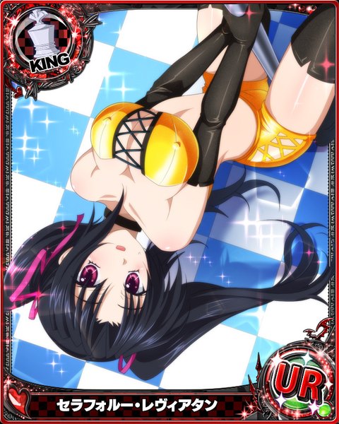 Anime picture 640x800 with highschool dxd serafall leviathan single long hair tall image looking at viewer blush breasts open mouth light erotic black hair large breasts twintails purple eyes card (medium) girl thighhighs gloves ribbon (ribbons) black thighhighs