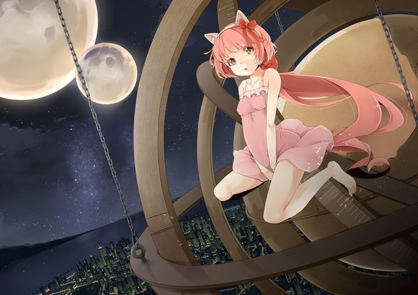 Anime picture 3035x2149 with vocaloid nekomura iroha single long hair looking at viewer highres open mouth bare shoulders animal ears pink hair barefoot cat ears night sky city girl moon star (stars) chain sundress