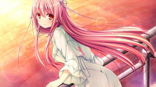 Anime picture 1280x720 with harvest overray giga tamaki yuuka single long hair blush light erotic smile red eyes wide image game cg purple hair looking back girl dress