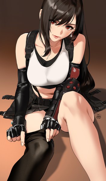 Anime picture 800x1359 with final fantasy final fantasy vii final fantasy vii remake square enix tifa lockhart yd (orange maru) single long hair tall image looking at viewer fringe breasts light erotic black hair hair between eyes red eyes sitting bare shoulders signed head tilt