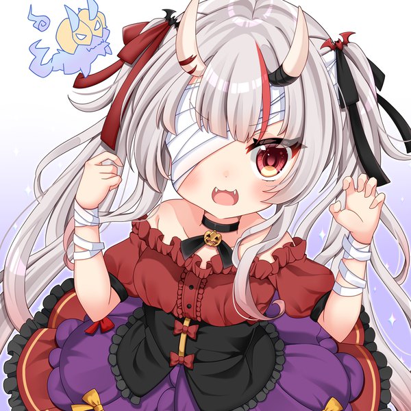 Anime picture 1300x1300 with virtual youtuber hololive nakiri ayame karma (nakiri ayame) amase mako single long hair open mouth smile red eyes twintails bare shoulders multicolored hair horn (horns) grey hair fang (fangs) streaked hair halloween oni horns claw pose