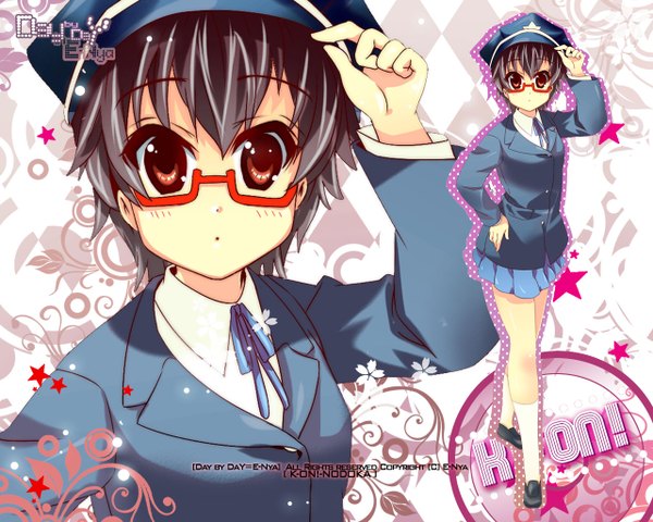 Anime picture 1280x1024 with k-on! kyoto animation manabe nodoka e-nya single looking at viewer fringe short hair black hair hair between eyes red eyes copyright name hand on hip zoom layer adjusting hat girl uniform school uniform hat glasses