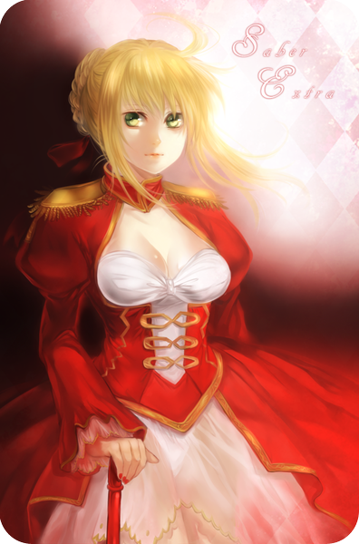 Anime picture 660x1000 with fate (series) fate/stay night fate/extra studio deen type-moon artoria pendragon (all) saber nero claudius (fate) (all) nero claudius (fate) f-wd single tall image breasts blonde hair green eyes braid (braids) nail polish inscription underbust rhombus