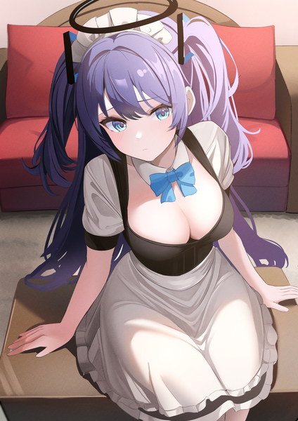 Anime picture 1447x2046 with blue archive yuuka (blue archive) touyou (39kir) single long hair tall image fringe breasts blue eyes light erotic large breasts sitting twintails looking away cleavage purple hair from above short sleeves maid two side up