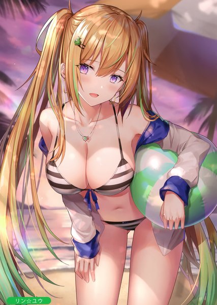 Anime picture 2099x2952 with melonbooks rin yuu single long hair tall image looking at viewer blush fringe highres breasts open mouth light erotic blonde hair smile hair between eyes purple eyes twintails signed payot sky