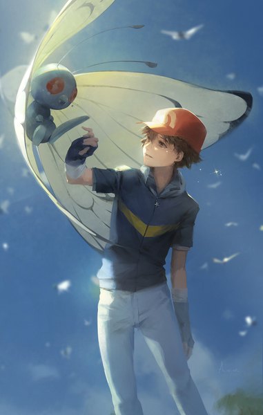 Anime picture 1140x1794 with pokemon nintendo red (pokemon) butterfree a-shacho tall image smile brown hair standing brown eyes sky arm up leaning flying gen 1 pokemon boy gloves fingerless gloves hood zipper