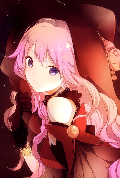 Anime picture 600x888 with original lpip single long hair tall image fringe breasts smile pink hair head tilt glowing wavy hair halloween girl gloves hat black gloves star (symbol) star (stars) witch hat