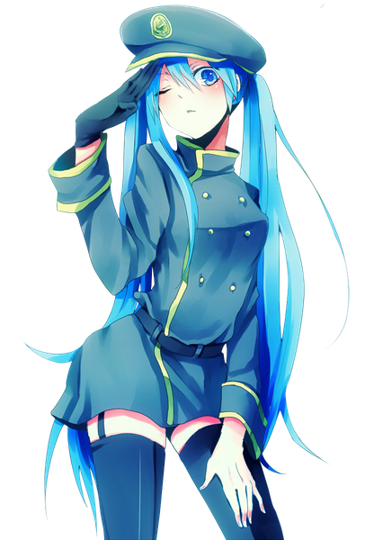 Anime picture 812x1200 with vocaloid hatsune miku nakatanbo single long hair tall image looking at viewer blush fringe blue eyes hair between eyes standing twintails payot blue hair parted lips head tilt one eye closed arm up transparent background