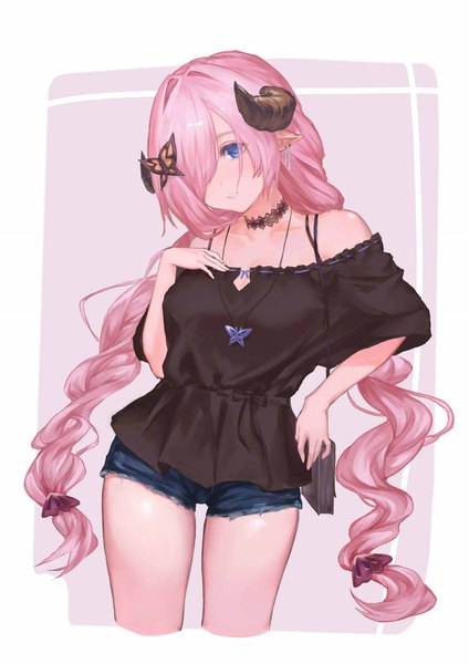 Anime picture 1240x1753 with granblue fantasy narmaya (granblue fantasy) shou xun bu liang single long hair tall image looking at viewer blush fringe blue eyes simple background standing twintails pink hair parted lips horn (horns) pointy ears off shoulder alternate costume hand on hip
