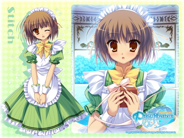 Anime picture 1600x1200 with prismrhythm (game) stitch single blush short hair brown hair brown eyes game cg one eye closed wink maid girl headdress maid headdress apron