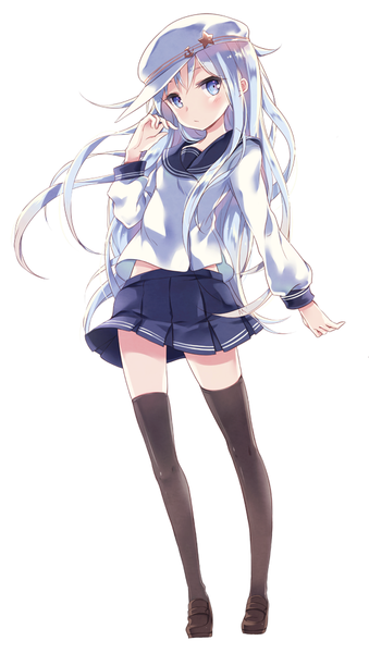 Anime picture 537x950 with kantai collection hibiki destroyer verniy destroyer nyanya single long hair tall image looking at viewer blush fringe simple background standing white background white hair pleated skirt girl thighhighs skirt black thighhighs star (symbol)