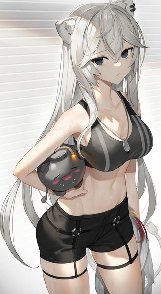 Anime picture 1526x2783 with virtual youtuber hololive shishiro botan ssrb (shishiro botan) shishiro botan (3rd costume) scottie (phantom2) single long hair tall image looking at viewer fringe breasts hair between eyes large breasts standing bare shoulders animal ears payot cleavage silver hair