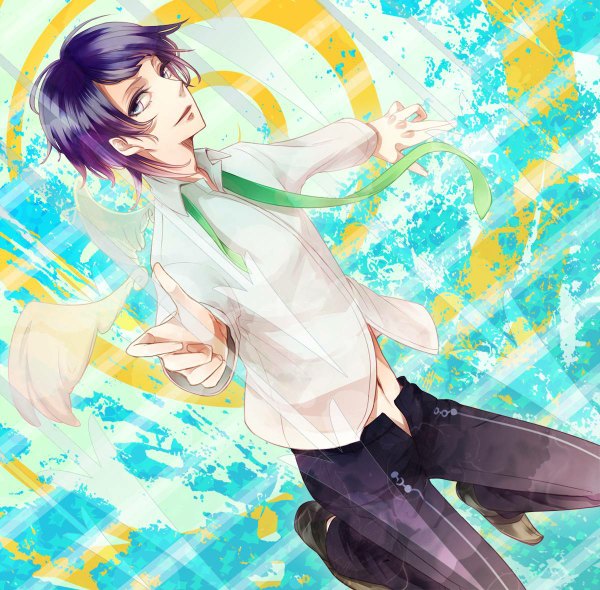 Anime picture 1200x1180 with starry sky kinose azusa yen (artist) single short hair blue eyes purple hair open collar open pants boy navel wings necktie pants directional arrow