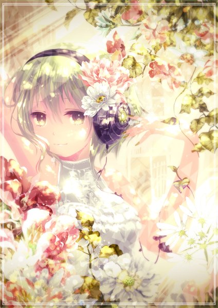 Anime picture 1061x1500 with vocaloid gumi mirusa single tall image looking at viewer short hair bare shoulders green eyes nail polish hair flower green hair light smile sunlight portrait girl dress hair ornament flower (flowers) white dress