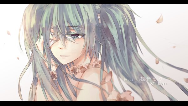 Anime picture 1388x782 with vocaloid hatsune miku minami (s314794317) single long hair looking at viewer open mouth blue eyes smile wide image twintails bare shoulders green hair close-up girl flower (flowers) petals bandage (bandages) eyepatch