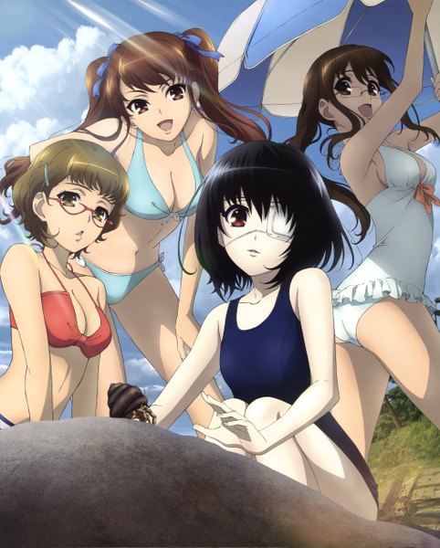 Anime picture 4095x5097 with another p.a. works misaki mei akazawa izumi sugiura takako reiko (another) long hair tall image looking at viewer highres breasts open mouth light erotic black hair red eyes brown hair twintails bare shoulders multiple girls brown eyes