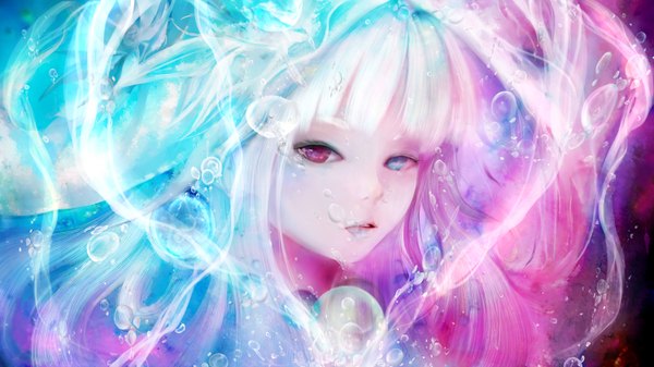 Anime picture 3000x1687 with original zhang xiao bo single long hair looking at viewer highres wide image white hair multicolored hair heterochromia face pale skin girl bubble (bubbles)