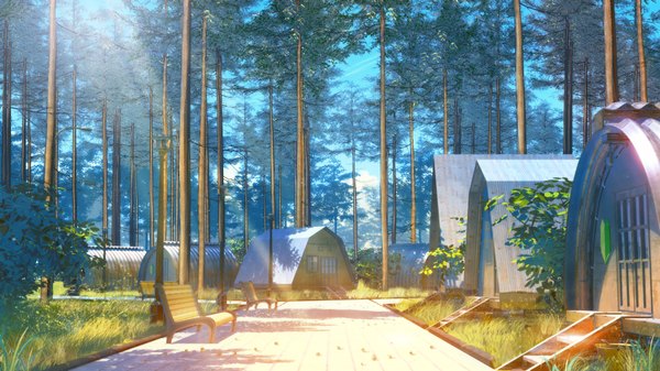 Anime picture 1920x1080 with everlasting summer iichan eroge arsenixc vvcephei highres wide image game cg sunlight wallpaper no people scenic collaboration camp plant (plants) tree (trees) building (buildings) grass forest lantern bench