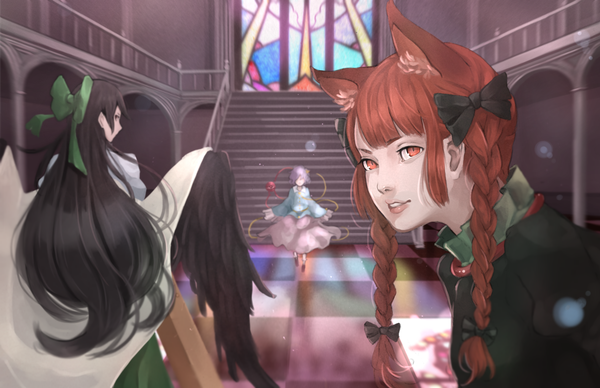 Anime picture 1684x1089 with touhou komeiji satori reiuji utsuho kaenbyou rin nagi (xx001122) long hair looking at viewer fringe short hair black hair red eyes standing multiple girls animal ears payot purple hair full body upper body red hair indoors