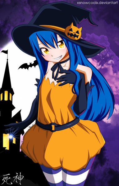 Anime picture 1024x1601 with fairy tail wendy marvell xsnowcoolx single long hair tall image smile bare shoulders yellow eyes blue hair sky cloud (clouds) grin coloring hieroglyph girl thighhighs gloves animal elbow gloves