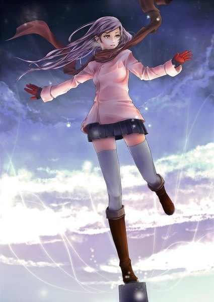 Anime picture 1254x1771 with touhou patchouli knowledge santa syokatu (artist) single long hair tall image highres open mouth standing sky purple hair cloud (clouds) wind girl thighhighs gloves scarf winter clothes