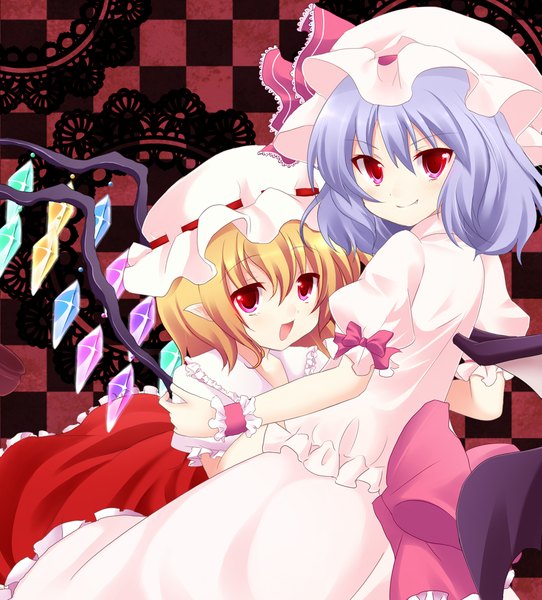 Anime picture 1837x2032 with touhou flandre scarlet remilia scarlet marotti tall image highres short hair open mouth blonde hair smile red eyes multiple girls purple hair loli checkered girl dress bow 2 girls hat