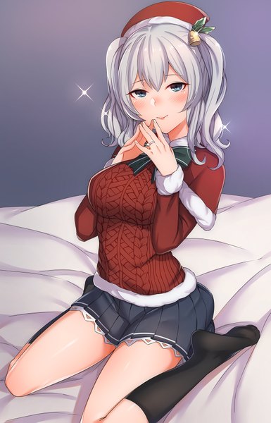 Anime picture 1185x1843 with kantai collection kashima training cruiser inuhasiru single long hair tall image looking at viewer blush blue eyes smile sitting silver hair pleated skirt sparkle wariza hair bell fingers together girl skirt socks