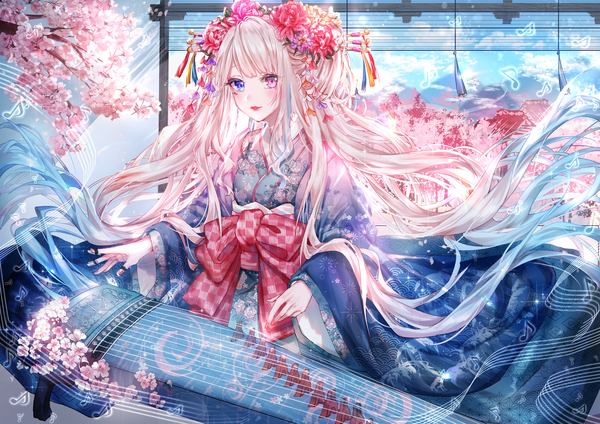 Anime picture 3508x2480 with original kity1211 tetsu single looking at viewer blush fringe highres blue eyes blonde hair blue hair absurdres sky cloud (clouds) blunt bangs very long hair nail polish traditional clothes japanese clothes pink eyes multicolored hair
