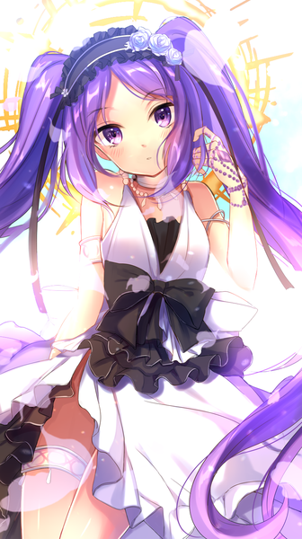 Anime picture 800x1429 with fate (series) fate/hollow ataraxia euryale (fate) satoimo chika single long hair tall image looking at viewer blush twintails purple eyes payot purple hair head tilt shiny skin adjusting hair side slit backlighting girl dress