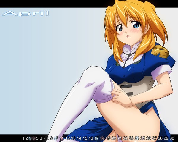 Anime picture 1280x1024 with chrono crusade gonzo rosette christopher wave ride blush open mouth light erotic blonde hair pantyshot sitting thighhighs white thighhighs calendar