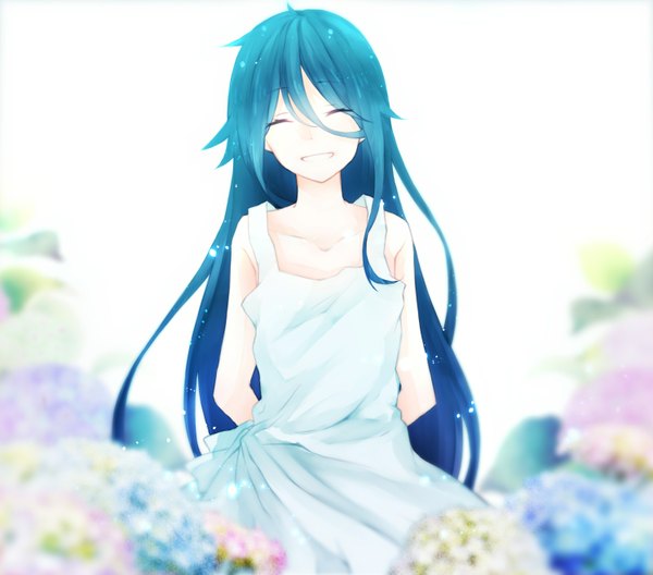 Anime picture 1496x1317 with original hokano single long hair open mouth smile bare shoulders blue hair eyes closed light happy hands behind back girl dress flower (flowers) white dress sundress