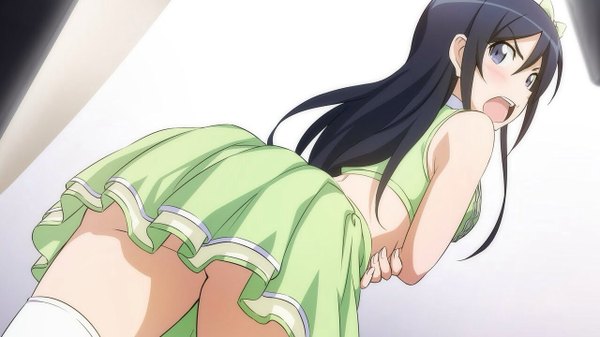 Anime picture 1280x720 with ore no imouto ga konna ni kawaii wake ga nai aragaki ayase single looking at viewer open mouth blue eyes light erotic black hair wide image ass pleated skirt from below zettai ryouiki turning head angry girl thighhighs skirt white thighhighs