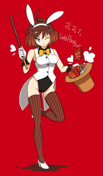 Anime picture 800x1366 with original nosuku single tall image short hair blue eyes simple background smile bare shoulders animal ears looking away ahoge one eye closed wink inscription bunny ears red background pocky day girl thighhighs