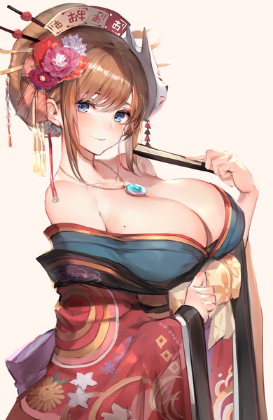 Anime picture 2300x3541 with original watao single tall image looking at viewer blush fringe highres short hair breasts blue eyes light erotic simple background smile hair between eyes brown hair large breasts standing bare shoulders holding