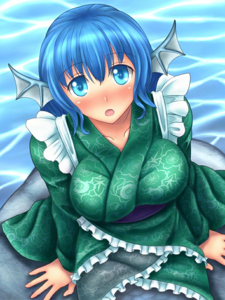 Anime picture 768x1024 with touhou wakasagihime hozenkakari single long hair tall image looking at viewer blush open mouth blue eyes blue hair traditional clothes japanese clothes girl frills kimono obi