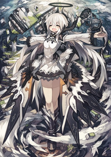 Anime picture 1060x1500 with chain chronicle original sega mamuru single long hair tall image blush open mouth twintails white hair eyes closed horn (horns) spread arms girl thighhighs dress white thighhighs boots halo