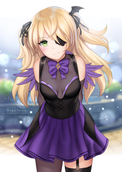 Anime picture 853x1200 with genshin impact fischl (genshin impact) gigamessy single long hair tall image looking at viewer blush fringe blonde hair hair between eyes standing bare shoulders green eyes signed payot outdoors head tilt light smile blurry