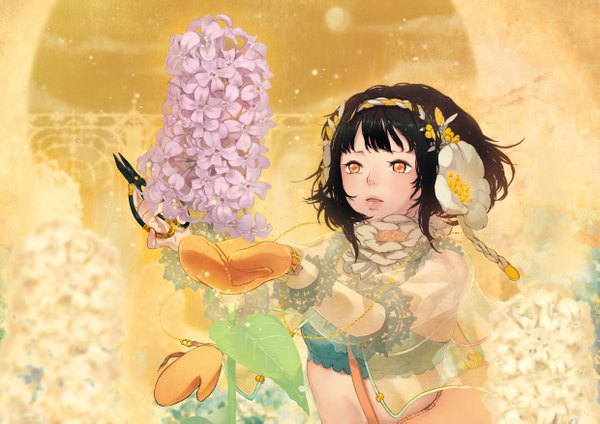 Anime-Bild 1240x877 mit original sakamoto himemi (artist) short hair black hair yellow eyes hair flower girl hair ornament flower (flowers) hairband scissors mittens