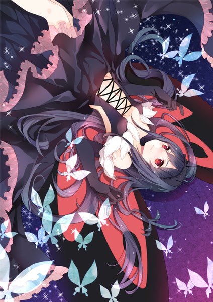 Anime picture 600x849 with accel world sunrise (studio) kuroyukihime mia0309 single long hair tall image blush black hair red eyes bare shoulders lying insect wings butterfly wings girl dress gloves navel wings black gloves