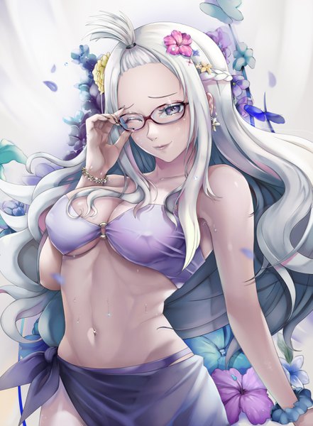 Anime picture 2087x2836 with fairy tail mirajane strauss akaisu single long hair tall image looking at viewer blush highres breasts light erotic smile large breasts standing purple eyes bare shoulders payot cleavage silver hair braid (braids)