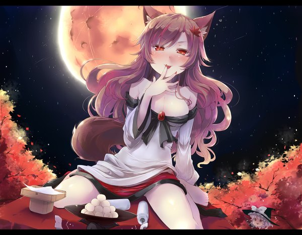 Anime picture 1125x874 with touhou imaizumi kagerou shin (new) single long hair looking at viewer breasts light erotic red eyes brown hair large breasts sitting animal ears tail nail polish animal tail barefoot night wariza letterboxed