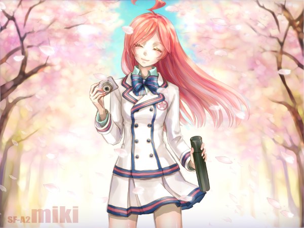 Anime picture 1200x900 with vocaloid miki (vocaloid) yamano uzura long hair smile ahoge red hair eyes closed nail polish inscription wallpaper cherry blossoms graduation girl uniform plant (plants) school uniform petals tree (trees) camera