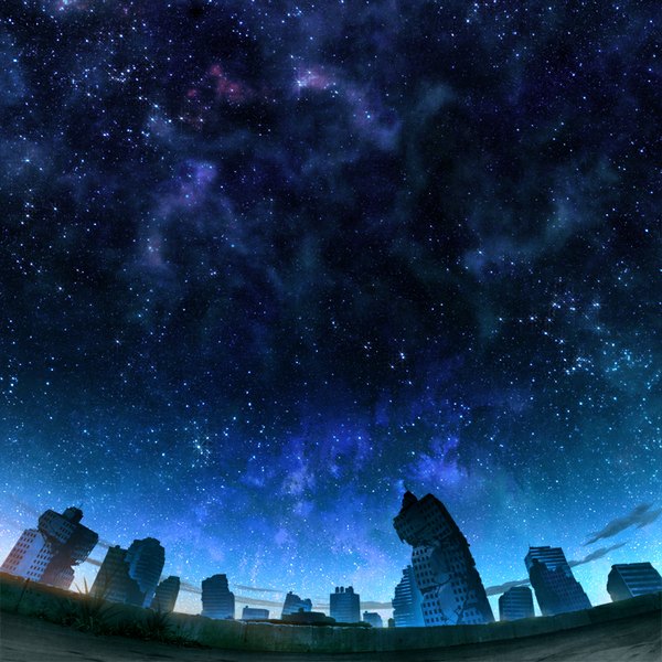 Anime picture 800x800 with original mocha (cotton) cloud (clouds) night night sky city cityscape no people ruins destruction milky way plant (plants) star (stars) grass power lines