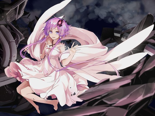 Anime picture 1600x1200 with vocaloid yuzuki yukari toromera single looking at viewer purple eyes twintails purple hair cloud (clouds) very long hair barefoot floating hair low twintails flying white wings weightlessness girl dress hair ornament wings