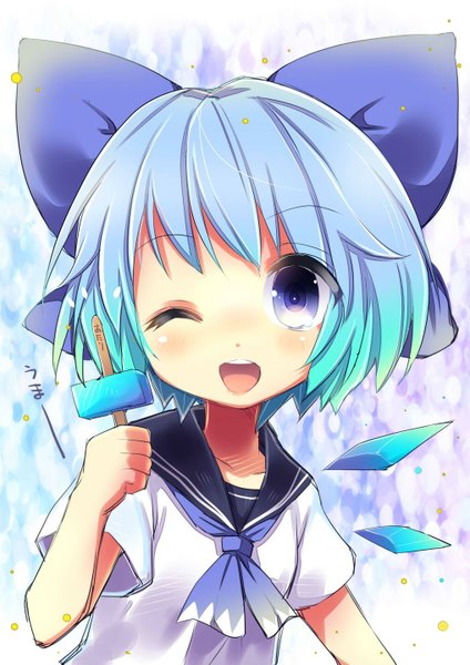 Anime picture 1018x1440 with touhou cirno uta (kuroneko) single tall image looking at viewer blush short hair open mouth purple eyes blue hair one eye closed wink alternate costume girl uniform bow hair bow serafuku food