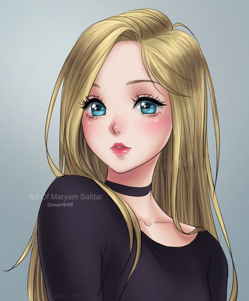 Anime picture 2232x2700 with original mari945 single long hair tall image looking at viewer highres blue eyes blonde hair simple background signed upper body parted lips grey background lipstick twitter username portrait red lipstick girl choker